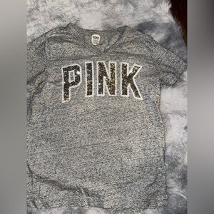PINK Victoria’s Secret Heathered Grey Sequin Short Sleeve V-Neck Tee - EUC NEW